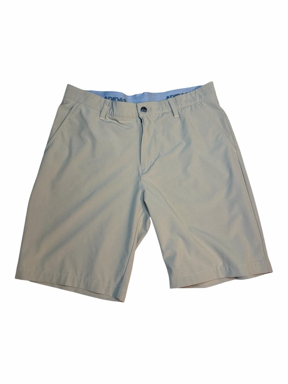 Adidas Men's Beige Chino Shorts Polyester Flat Front Button Closure Pockets Logo